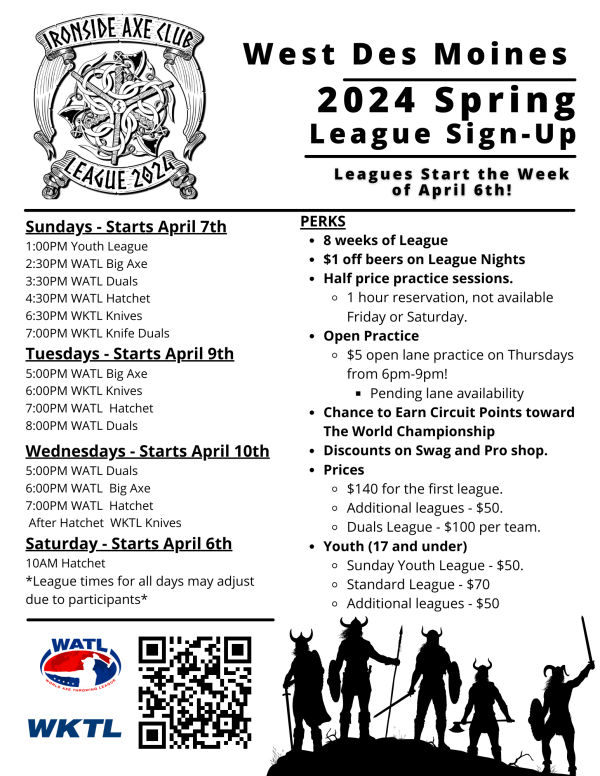Spring 2024 Ironside Axe Club League schedule